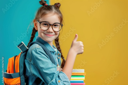 A girl smiling with glasses from pigtails on her head, showing a thumbs up with a trapdoor and books on a coloured background