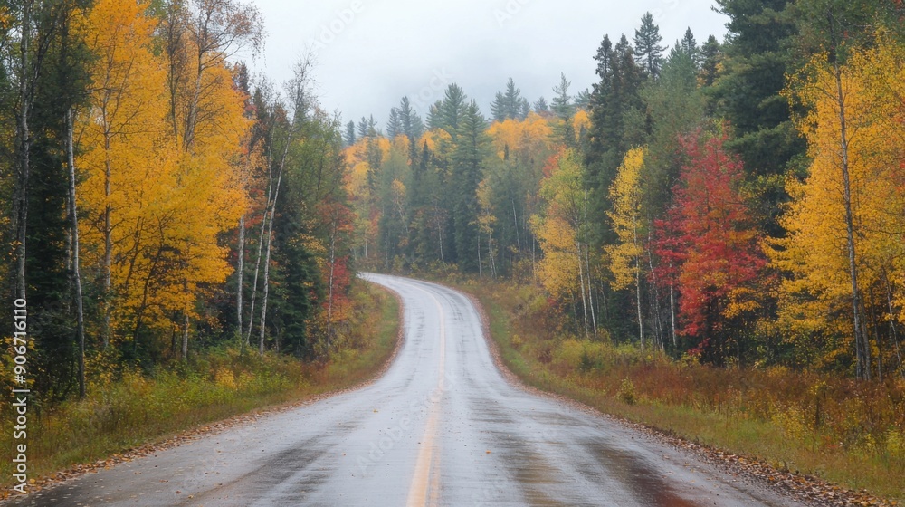 Obraz premium Serene Autumn Drive: Vibrant Foliage in Pine Forest