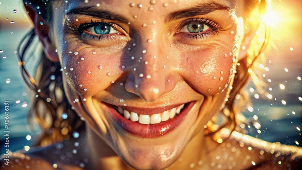 A sun-drenched close-up of a woman with sparkling water droplets on her face, highlighting her beaming smile and captivating eyes. A sun-drenched close-up of a woman with sparkling water droplets on her face, highlighting her beaming smile and captivating eyes.