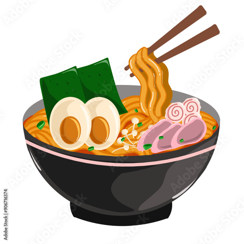 A delicious illustration of a bowl of ramen featuring a delicious broth, chewy noodles, and a wide variety of traditional Japanese toppings