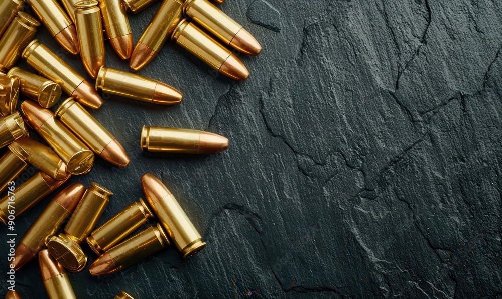 Many brass gun bullets on a black table closeup. Free copy space for text. Many brass gun bullets on a black table closeup. Free copy space for text.