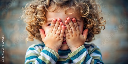 Small, curly-haired child's hands cover her face, conveying innocence and vulnerability, with a subtle sense of shyness and uncertainty in a heartfelt moment.