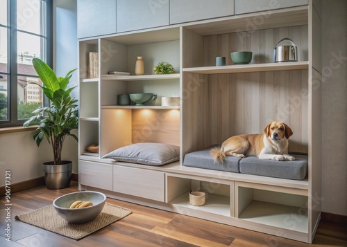 Modern minimalist interior with bespoke pet nook featuring a plush dog bed, elevated feeding station, and adjacent storage for pet essentials in neutral tones. photo