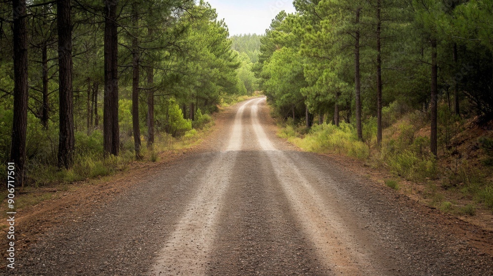Serene Gravel Road Through Pine Forest - Rustic and Rural Charm in Nature Serene Gravel Road Through Pine Forest - Rustic and Rural Charm in Nature