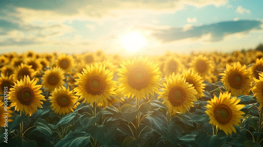Fototapeta premium Golden Sunset Over Blooming Sunflower Field