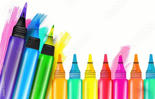 Coloured felt tip pens on a white background with splashes of rainbow paint