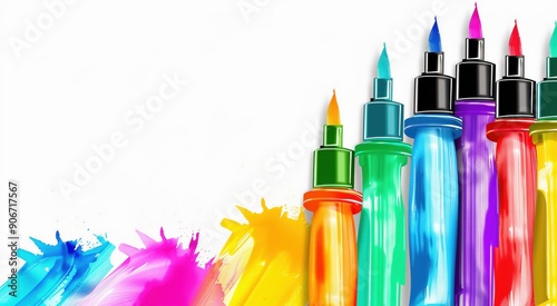 Coloured felt tip pens on a white background with splashes of rainbow paint