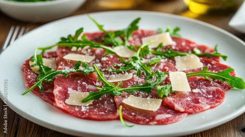 Elegant serving of beef carpaccio with arugula and parmesan shavings. Elegant serving of beef carpaccio with arugula and parmesan shavings.