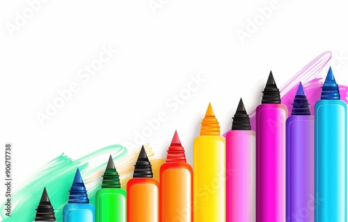 Coloured felt tip pens on a white background with splashes of rainbow paint