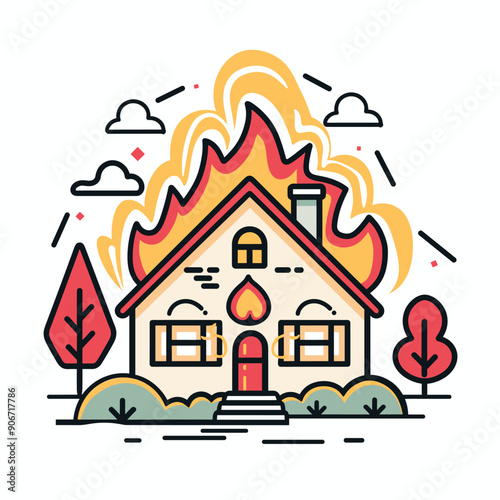 House fire graphic art, vibrant flames engulfing home, emergency situation illustration. Cartoon style burning house, colorful flame design, disaster concept artwork. Residential building ablaze