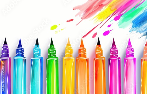 Coloured felt tip pens on a white background with splashes of rainbow paint