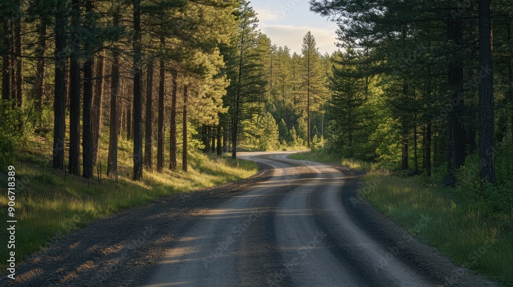 Fototapeta premium Tranquil Gravel Road Through Pine Forest - Capturing Rustic and Rural Charm