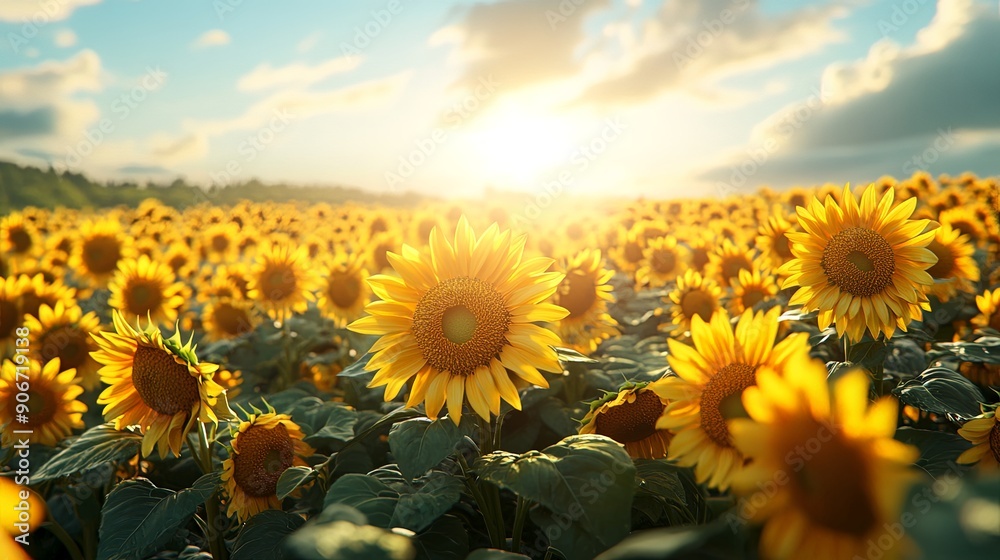 Fototapeta premium Golden Sunset Over Blooming Sunflower Field