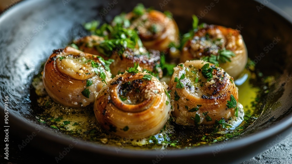 Elegant serving of escargot with garlic butter and fresh herbs. Elegant serving of escargot with garlic butter and fresh herbs.