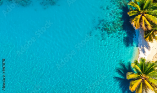 Fototapeta Naklejka Na Ścianę i Meble -  Aerial drone view of the beautiful beach and palm trees of Maldives island. Vacation background
