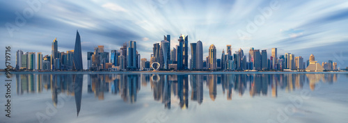 The Panoramic skyline of Doha, Qatar during sunrise