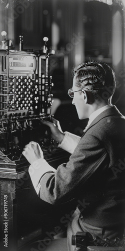 A telegraph operator using Morse code for communication photo