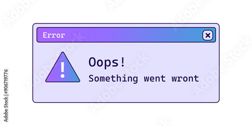 Oops retro error message in purple color with gradient. System crash notification window.