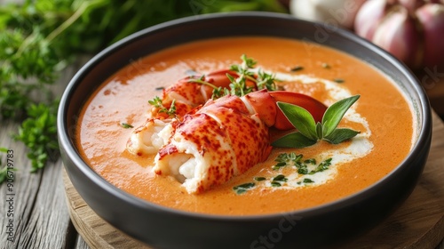 Elegant serving of lobster bisque with a drizzle of cream and fresh herbs