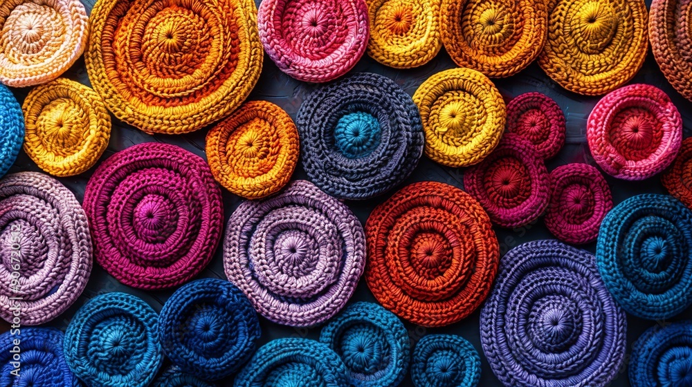 Abstract background showcasing intricate crochet patterns in vibrant colors, creating a textured and visually appealing design perfect for various creative projects. high resolution Illustration, in Abstract background showcasing intricate crochet patterns in vibrant colors, creating a textured and visually appealing design perfect for various creative projects. high resolution Illustration, in