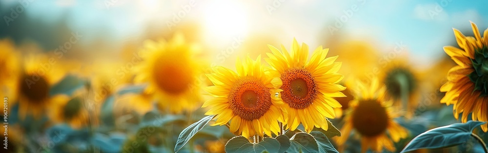 Obraz premium Golden Sunset Over Blooming Sunflower Field