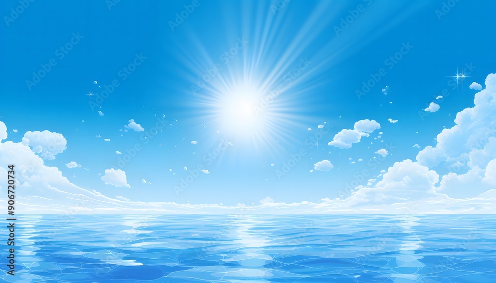 Summery Ocean Horizon with Bright Sun and Clouds Summery Ocean Horizon with Bright Sun and Clouds