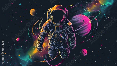 Neon Space illustration background with an astronaut and planets around in pink color hues. vaporwave aesthetic and futuristic atmosphere sets a great backdrop for space related posts and wallpapers.