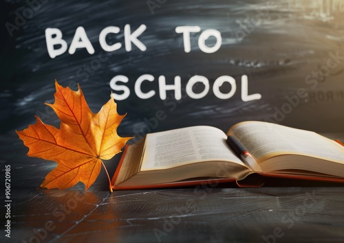 The opened book lies on the table on the background of the school board with the inscription Back to school next to the book is a yellow autumn leaf symbolising the beginning of the school year.