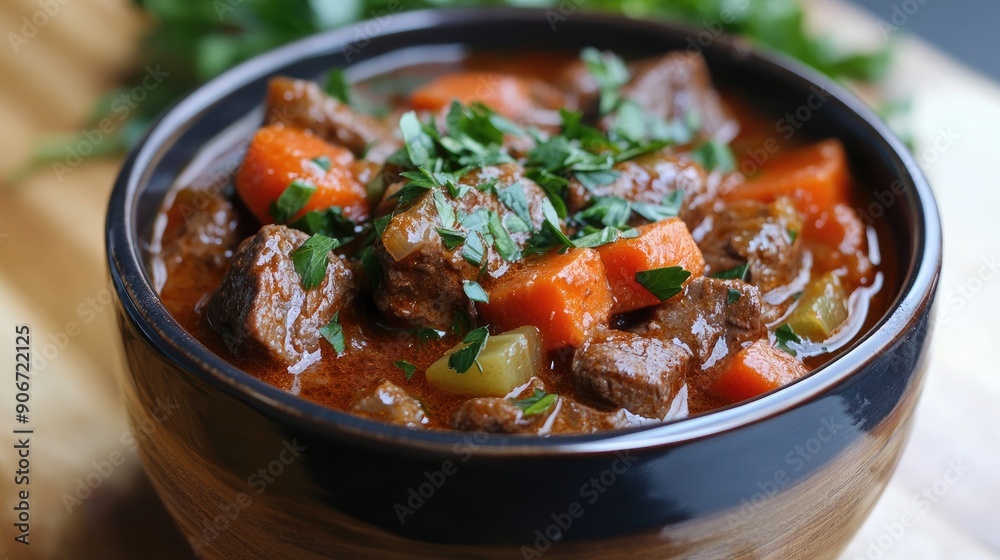 Hearty bowl of beef and vegetable stew with a sprinkle of fresh parsley. Hearty bowl of beef and vegetable stew with a sprinkle of fresh parsley.