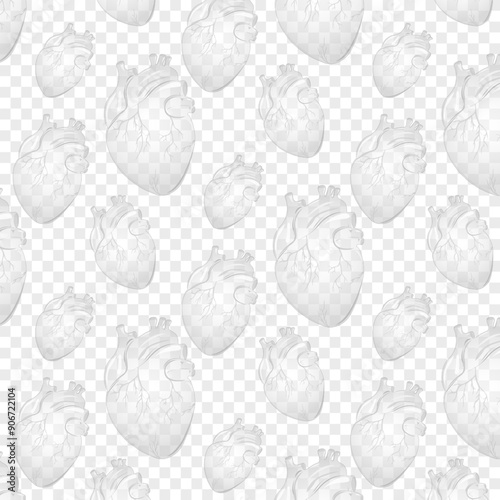Seamless pattern transparent human hearts. The hearts with the venous system,for anatomy and study, medical or healthcare concept. Vector illustration