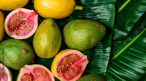 A set of exotic guavas displayed on a banana leaf, featuring green and yellow varieties, with a focus on natural textures photo