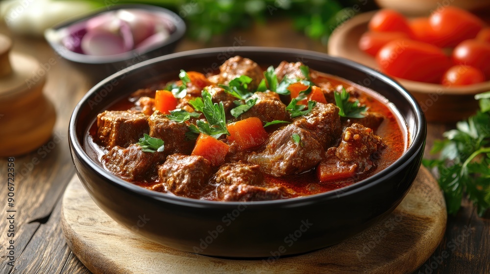 Hearty bowl of beef goulash with tender meat and a rich paprika sauce. Hearty bowl of beef goulash with tender meat and a rich paprika sauce.