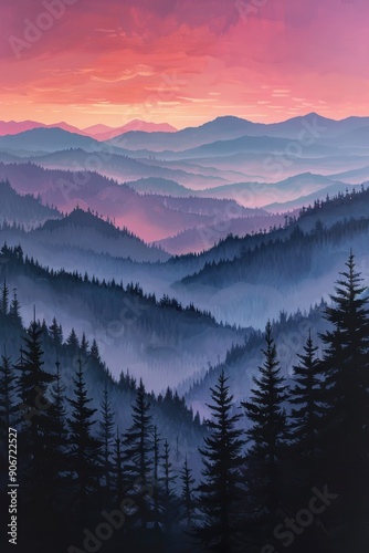 Stunning Sunset Over Misty Mountain Range with Layers of Forest and Vibrant Sky