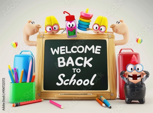 Cartoon characters with pencils and other school supplies holding a blackboard saying welcome to school