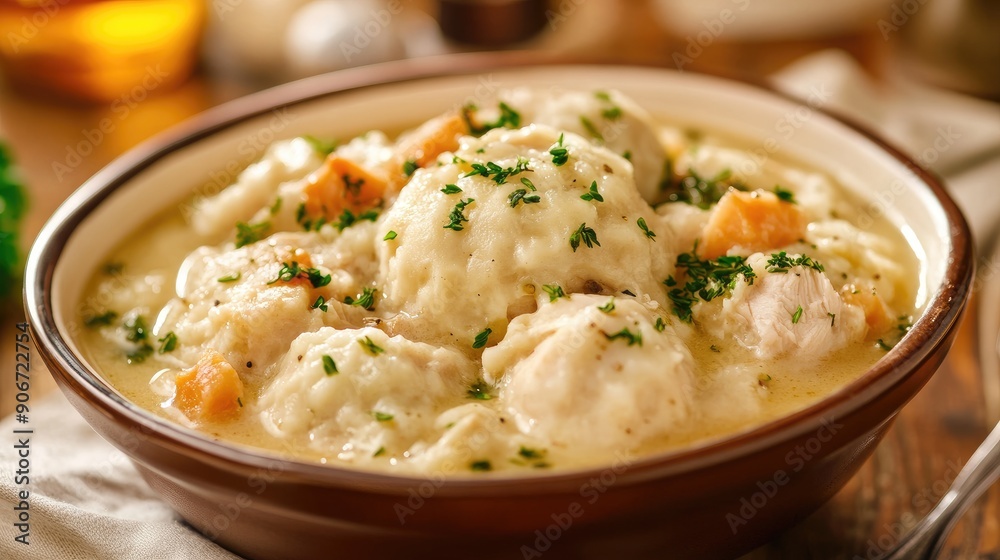 Hearty bowl of chicken and dumplings with tender chicken and fluffy dumplings. Hearty bowl of chicken and dumplings with tender chicken and fluffy dumplings.