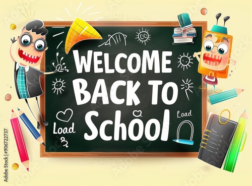 Cartoon characters with pencils and other school supplies holding a blackboard saying welcome to school