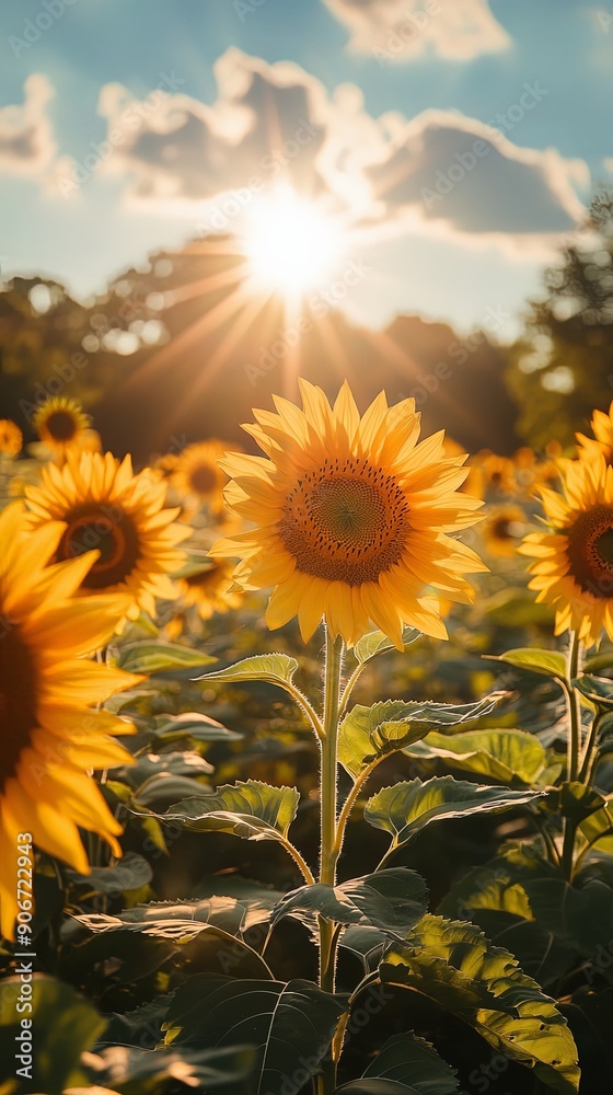 Obraz premium Golden Sunset Over Blooming Sunflower Field