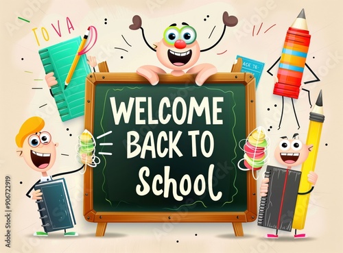 Cartoon characters with pencils and other school supplies holding a blackboard saying welcome to school