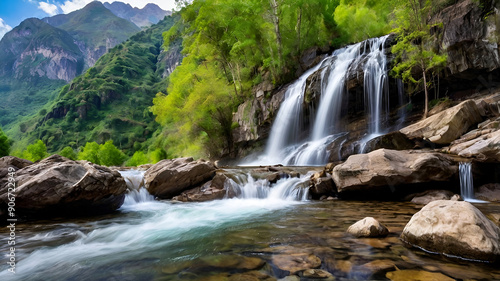Beautiful mountain waterfalling background image and use it as your wallpaper. Ai generative
