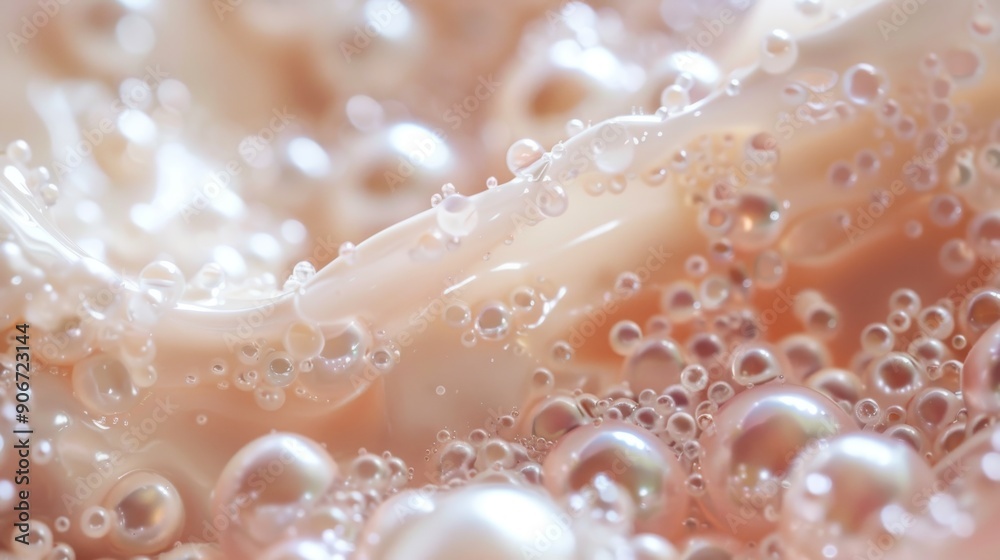 Pearlescent bubbles and cream in close-up with shimmering, soft lighting and delicate reflections Pearlescent bubbles and cream in close-up with shimmering, soft lighting and delicate reflections