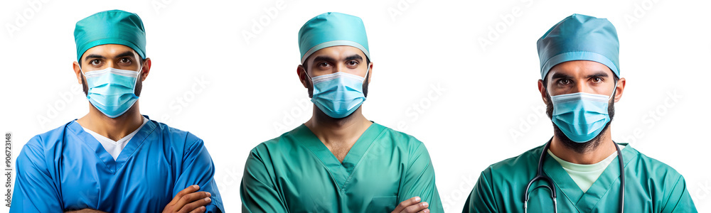 Set of portraits of masked male surgeons on a white background. Concept of medicine and health. Set of portraits of masked male surgeons on a white background. Concept of medicine and health.