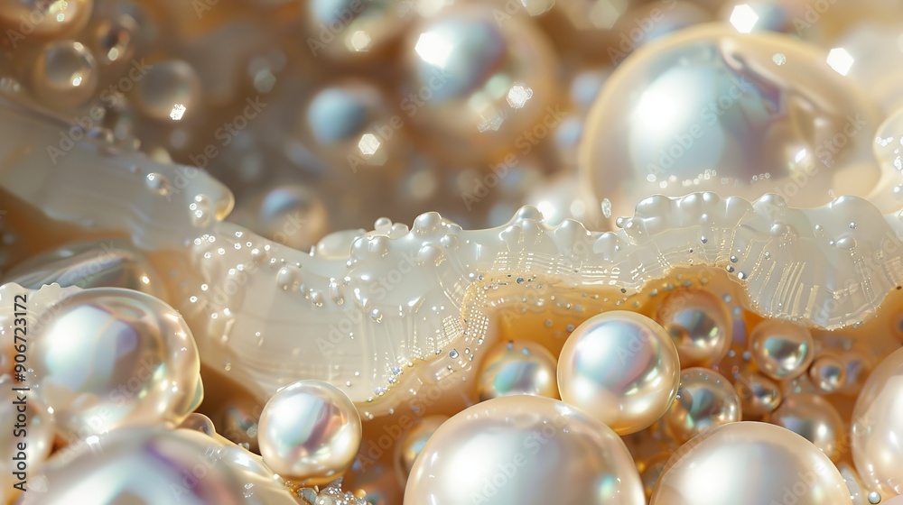 Abstract close-up of pearlescent bubbles in creamy liquid with intricate details and reflective surfaces Abstract close-up of pearlescent bubbles in creamy liquid with intricate details and reflective surfaces