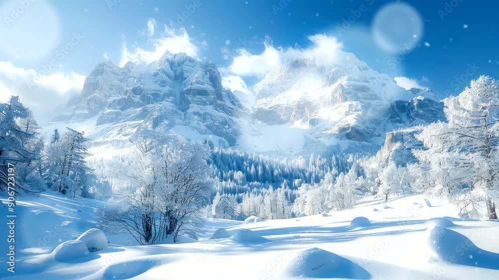 Snow-covered mountain and forest under clear blue sky in winter. Seamless looping time-lapse video background