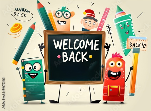 Cartoon characters with pencils and other school supplies holding a blackboard saying welcome to school