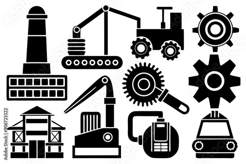 A set of bunch of realistic vector industrial design icons. Featuring tools, machinery, and product prototypes, silhouette black linocut vector art illustration