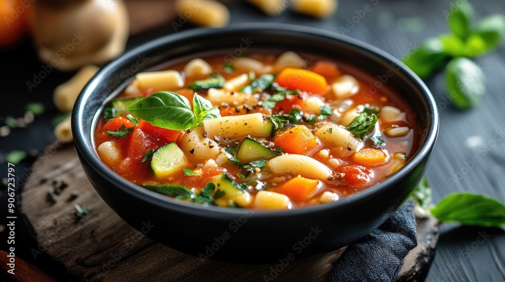 Hearty bowl of minestrone soup with fresh vegetables and pasta. Hearty bowl of minestrone soup with fresh vegetables and pasta.