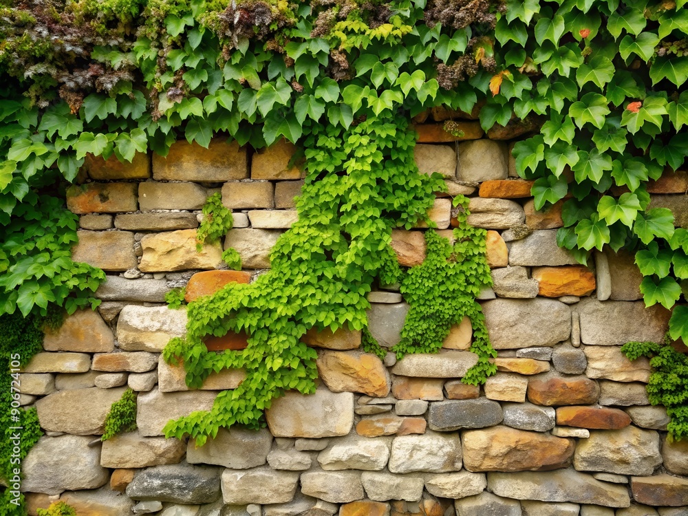 Stone wall covered with green ivy leaves. Natural background texture. Stone wall covered with green ivy leaves. Natural background texture.