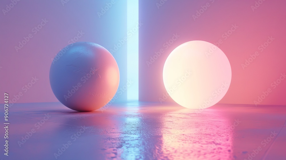 Abstract scene with glowing orb and sphere in pastel light Abstract scene with glowing orb and sphere in pastel light