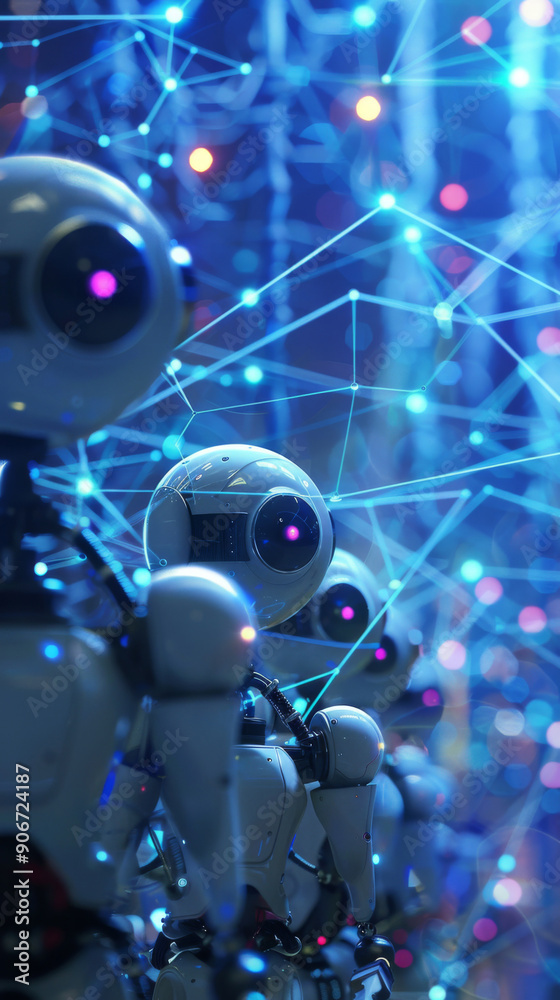 A group of robots are standing in a line, with one of them having a red eye A group of robots are standing in a line, with one of them having a red eye