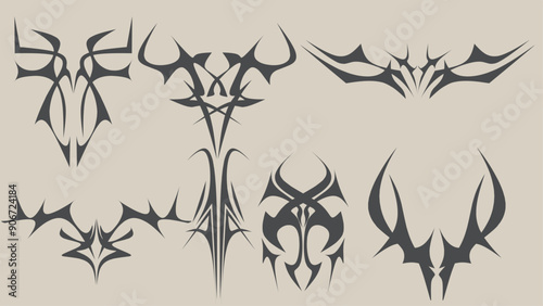 neo tribal shapes with a stiff touch. Set of Symmetrical Tribal Pattern Cyber ​​Gothic Elements in vintage color Print for t-shirt, hoodie and sweatshirt or card, poster